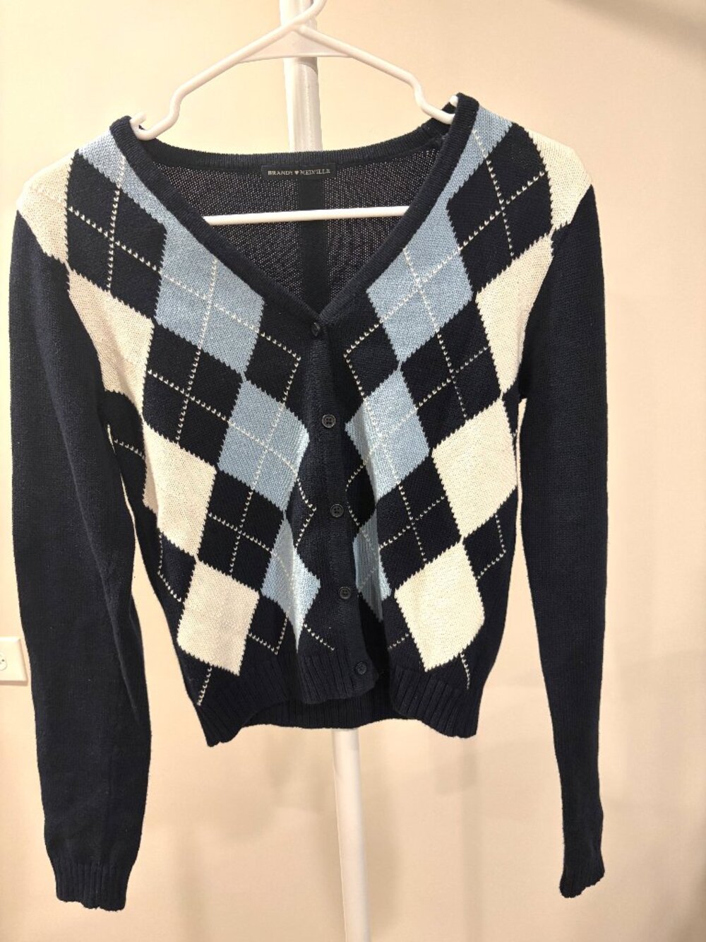 Brandy‎ Melville Navy Blue Argyle V-Neck Cardigan Sweater One Size 100% Cotton